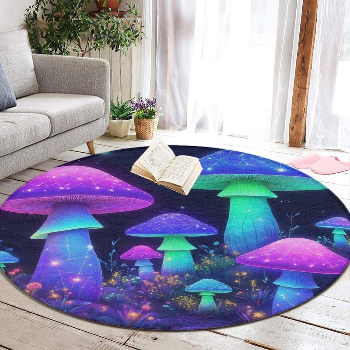Soft Round Yoga Carpet, Office Chair Decor Round Mat for Carpet and Hardwood Floors Purple Butterfly