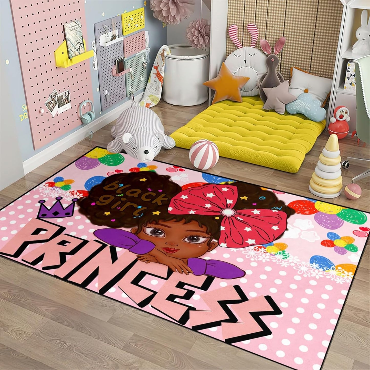Black Girl Area Rug for Bedroom African American Rugs for Room Princess Carpet Kids Rugs for Bedroom African Girls Carpet for Living Room Teen Girls Yoga Mats, Pink, 4'×5'
