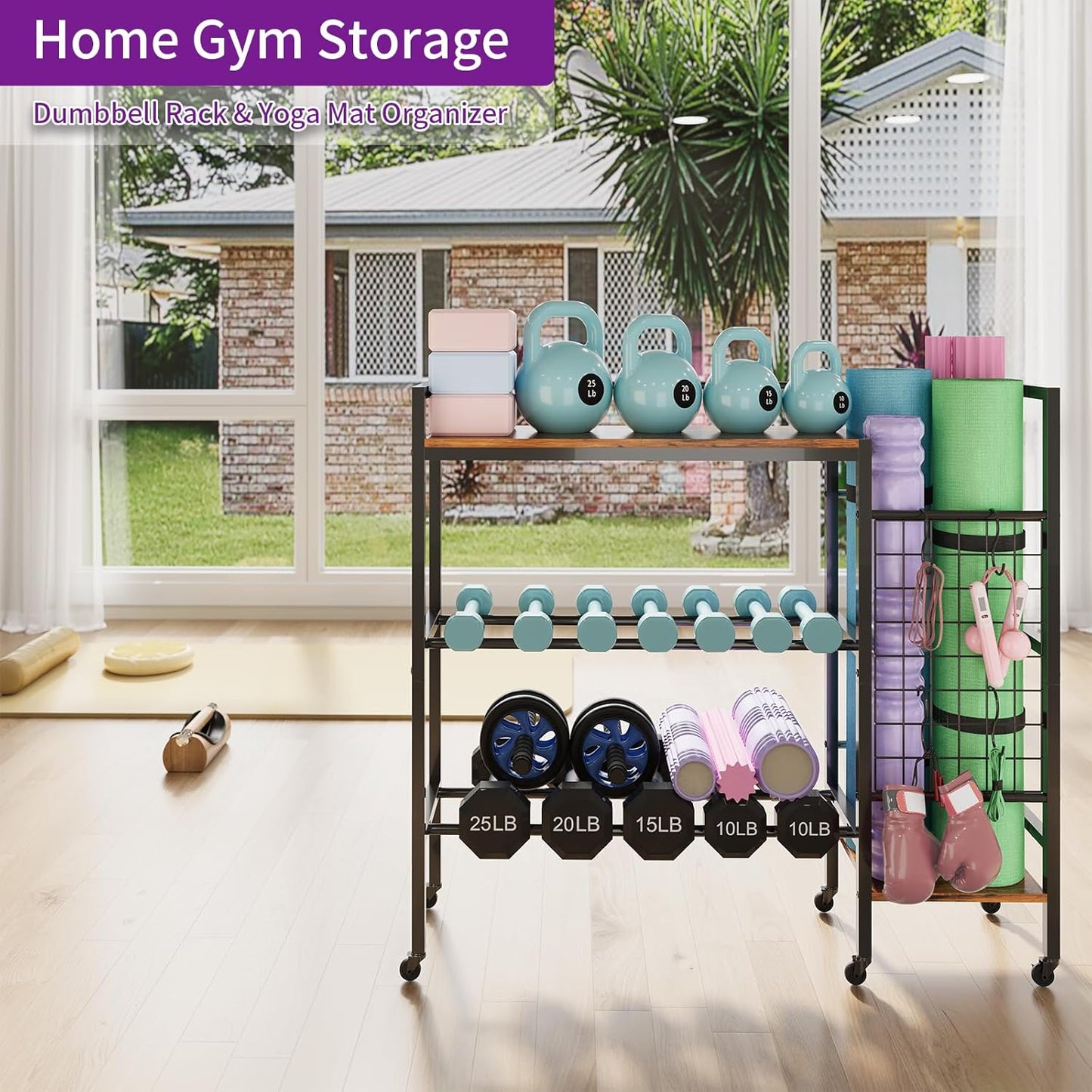 HavenlyYouth Dumbbell Rack, Gym Storage Rack, Weight Rack for Home Gym, Dumbbells, Kettlebells, Yoga Mats & More Space-Saving Home Gym Organizer