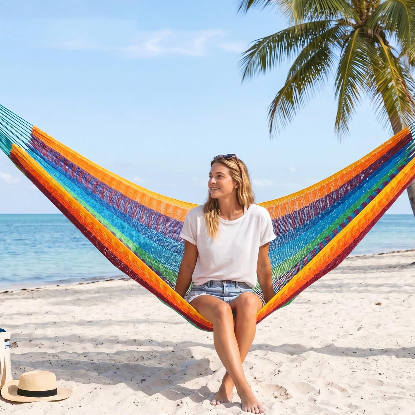 PNAEUT Handwoven Mayan Hammocks, Double Rope Hammock for Outdoor Outside & Indoor, Thick Soft 600 lbs Capacity Heavy-Duty, Includes Tree Straps, Carabiners & Carrying Bag (Nature, X-Large)