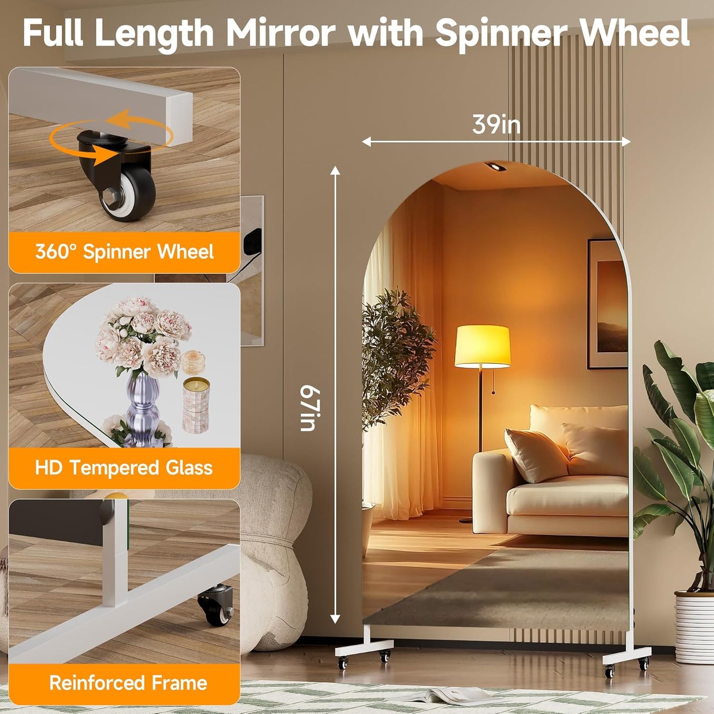Hasipu 71" x 28" Arched Rolling Home Gym Mirror with Wheels, 360° Swivel Body Mirror with HD Tempered Glass, Large Floor Mirror for Yoga Room, Dance Studio, Bedroom & Home Gym