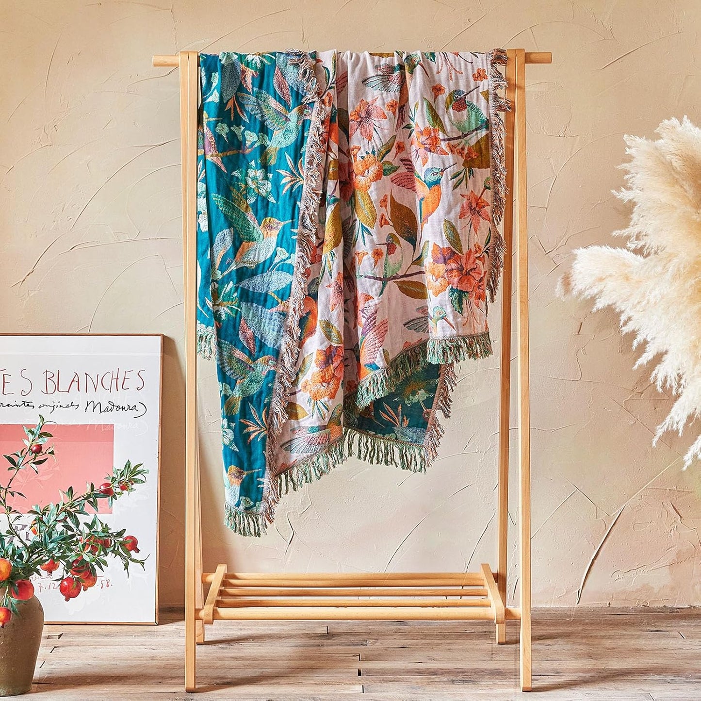 Boho Throw Blanket - 100% Cotton Soft Summer Throw Blanket for Bed, 50"x60" Reversible Breathable Lightweight Blankets, All Seasons Farmhouse Decor Floral Plant Butterfly Throw Quilt