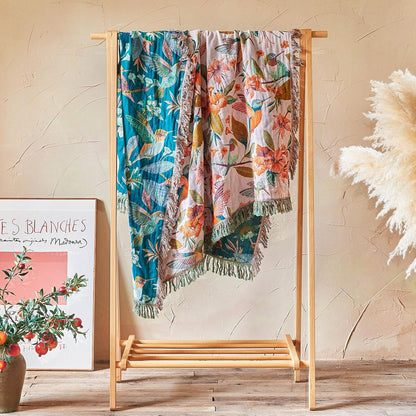 Boho Throw Blanket - 100% Cotton Soft Summer Throw Blanket for Bed, 50"x60" Reversible Breathable Lightweight Blankets, All Seasons Farmhouse Decor Floral Plant Butterfly Throw Quilt
