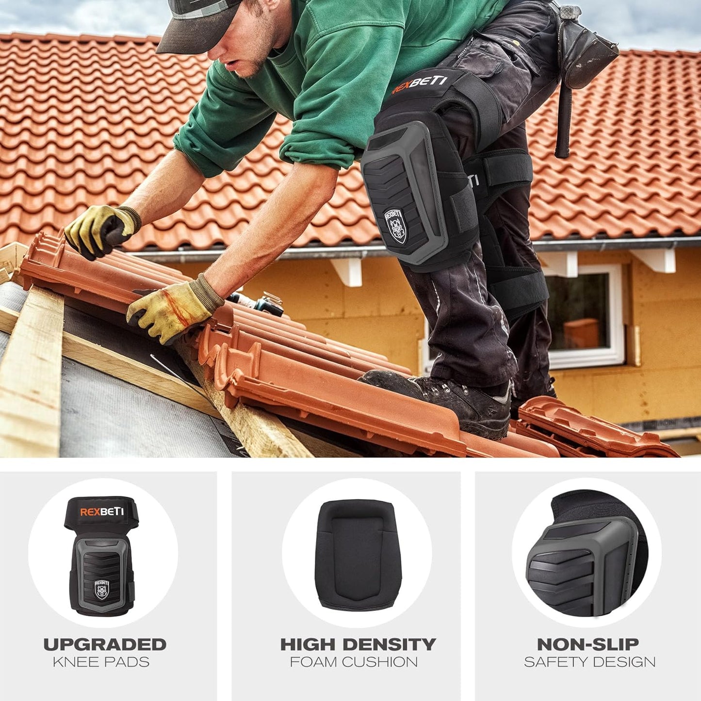 REXBETI Knee Pads for Work, Construction Knee Pads for Men, Heavy Duty Comfortable Anti-slip Foam Gel Knee Pads for Gardening Flooring and Cleaning, Strong Stretchable Straps, Orange
