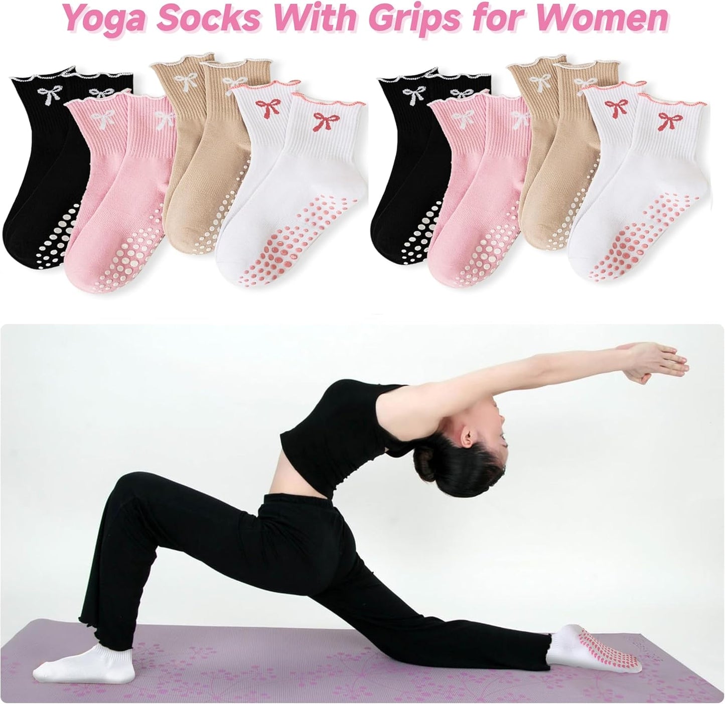 Grip Socks Pilates,4/6Pairs Cotton Cute Pilates Socks for Women, Ruffle Grippy Sock for Yoga Barre Hospital 5-10in