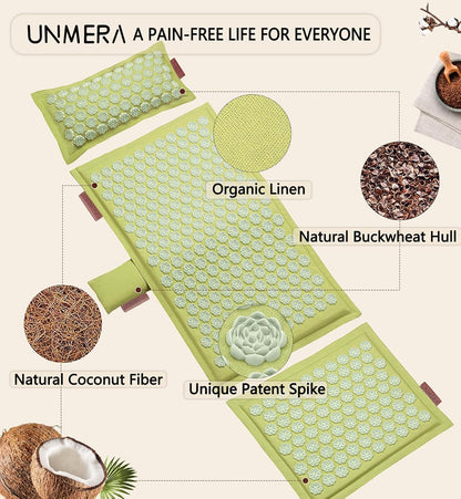 UNMERA Acupressure Mat and Pillow Set,Natural Eco Linen & Coconut Fiber Filling,for Back/Neck Pain Relief, Sciatic, Headache and Muscle Relaxation, Comes with Carrying Bag