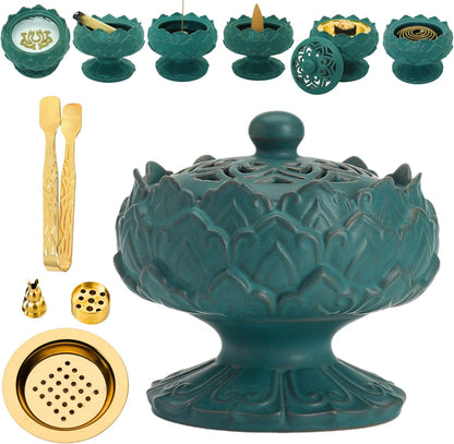 Ceramic Incense Burner for Frankincense, Bakhoor, Charcoal, Stick, Powder, Cone, Coil, and Tower Incense - Accessories for Meditation and Aromatherapy with Tweezers