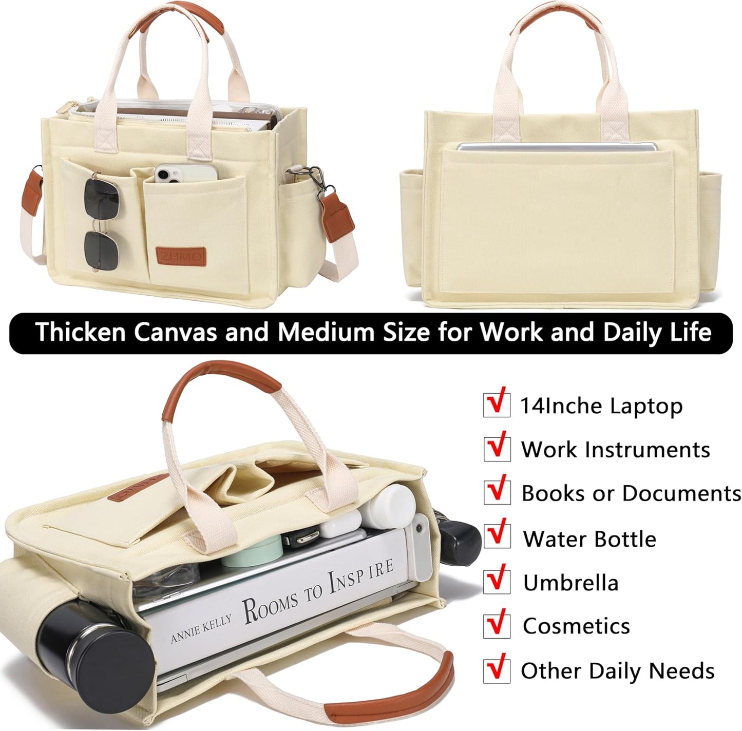 ZHMO Canvas Tote Bag for Women,Women's Bags Crossbody Bags Work Laptop Tote Bag Large Handbags Purse for Travel Nurse Teacher