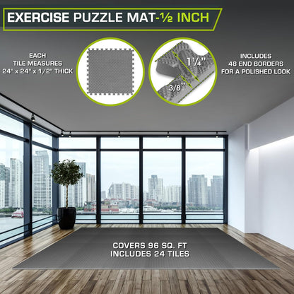 ProsourceFit Exercise Puzzle Mat ½-inch, EVA Interlocking Foam Floor Tiles for Home Gym, Workout Equipment, Kids Play Areas, Black, 24 SQ FT - 6 Tiles