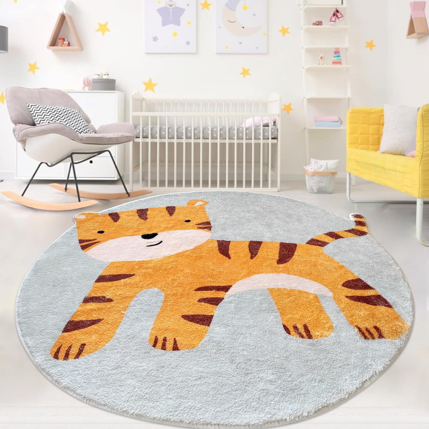Poowe Cute Animals Kids Room Rug,39.4" Round Washable Area Rugs Rabbit Rug Nursery Rug for Baby Boys Girls Play Mat Floor Carpet Non Slip Soft Rugs for Living Room Bedroom Playroom Classroom