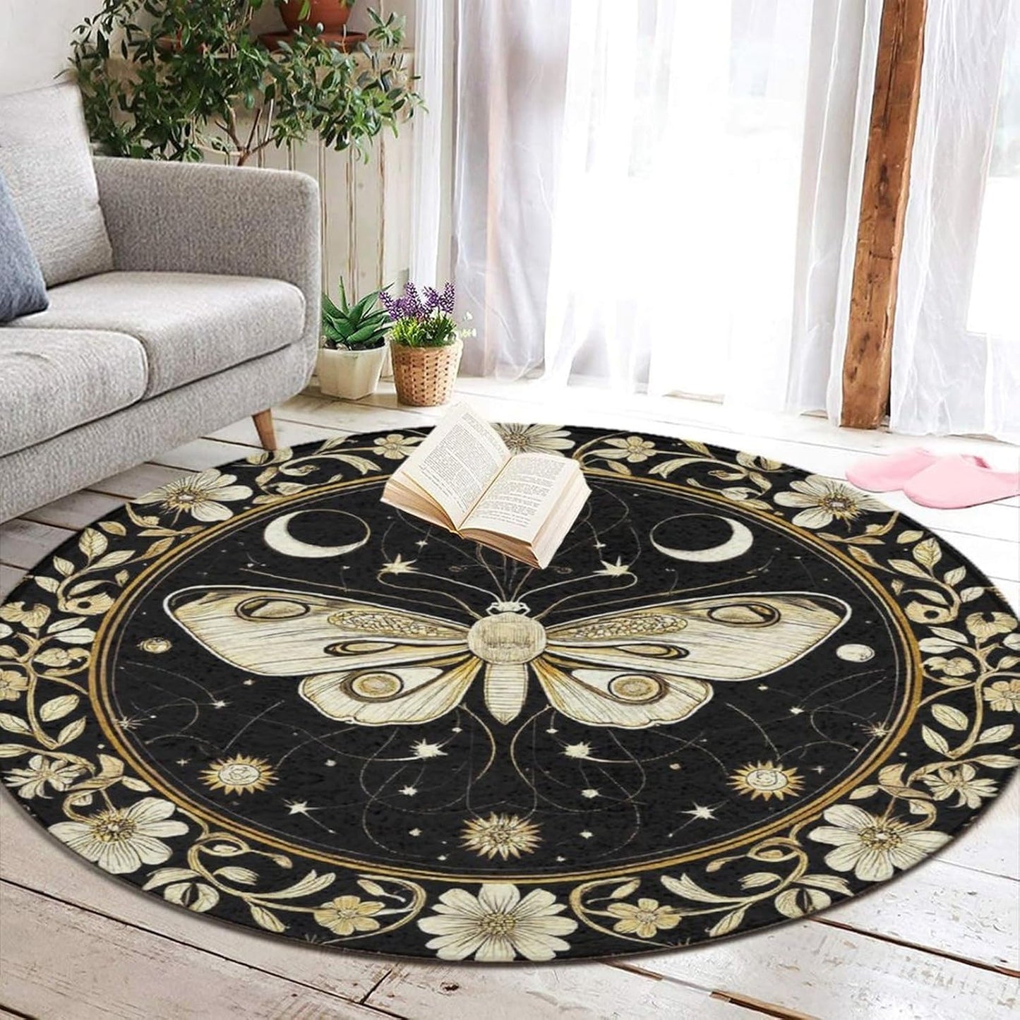 Large Home Decor Mat, Soft Round Yoga Carpet, Non Slip Machine Washable Home Office Circle Rug Gothic Witchy Sun Moon Mushroom Moth