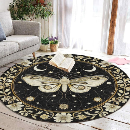 Large Home Decor Mat, Soft Round Yoga Carpet, Non Slip Machine Washable Home Office Circle Rug Gothic Witchy Sun Moon Mushroom Moth