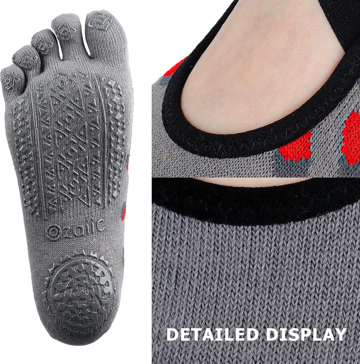 Ozaiic Yoga Socks for Women with Grips, Non-Slip Five Toe Socks for Pilates, Barre, Ballet, Fitness