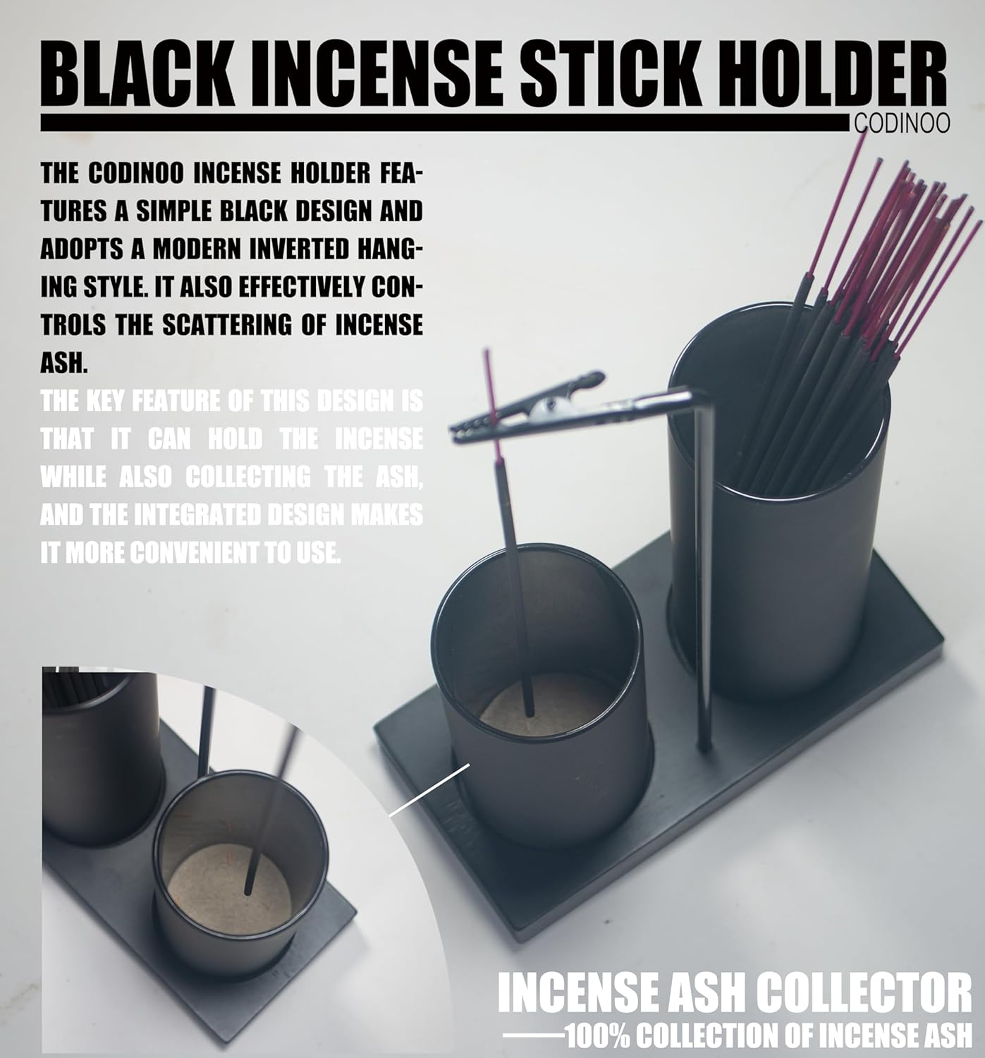 2 in 1 Incense Holder for Sticks Incense Burner Holder with Storage,Glass Upside Down Incense Holder for Sticks with Glass Ash Catcher for Meditation Yoga Spa Room Home Decor[Black]