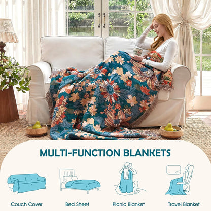 Boho Throw Blanket - 100% Cotton Soft Summer Throw Blanket for Bed, 50"x60" Reversible Breathable Lightweight Blankets, All Seasons Farmhouse Decor Floral Plant Butterfly Throw Quilt