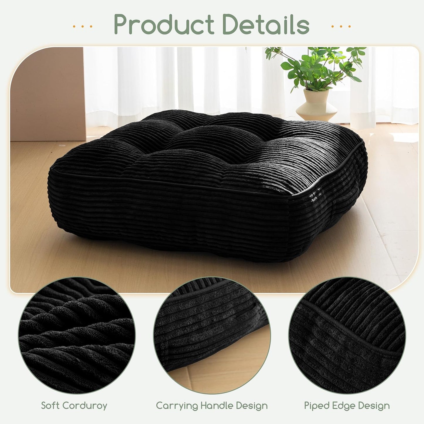 HIGOGOGO Floor Pillow Cushion for Adults, Meditation Cushion Pillow, Large Square Floor Sitting, Tufted Corduroy Cover, for Tatami Living Room or Yoga, 22x22 Inch, Dark Grey