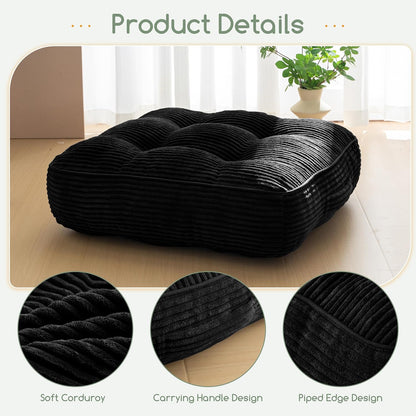 HIGOGOGO Floor Pillow Cushion for Adults, Meditation Cushion Pillow, Large Square Floor Sitting, Tufted Corduroy Cover, for Tatami Living Room or Yoga, 22x22 Inch, Dark Grey
