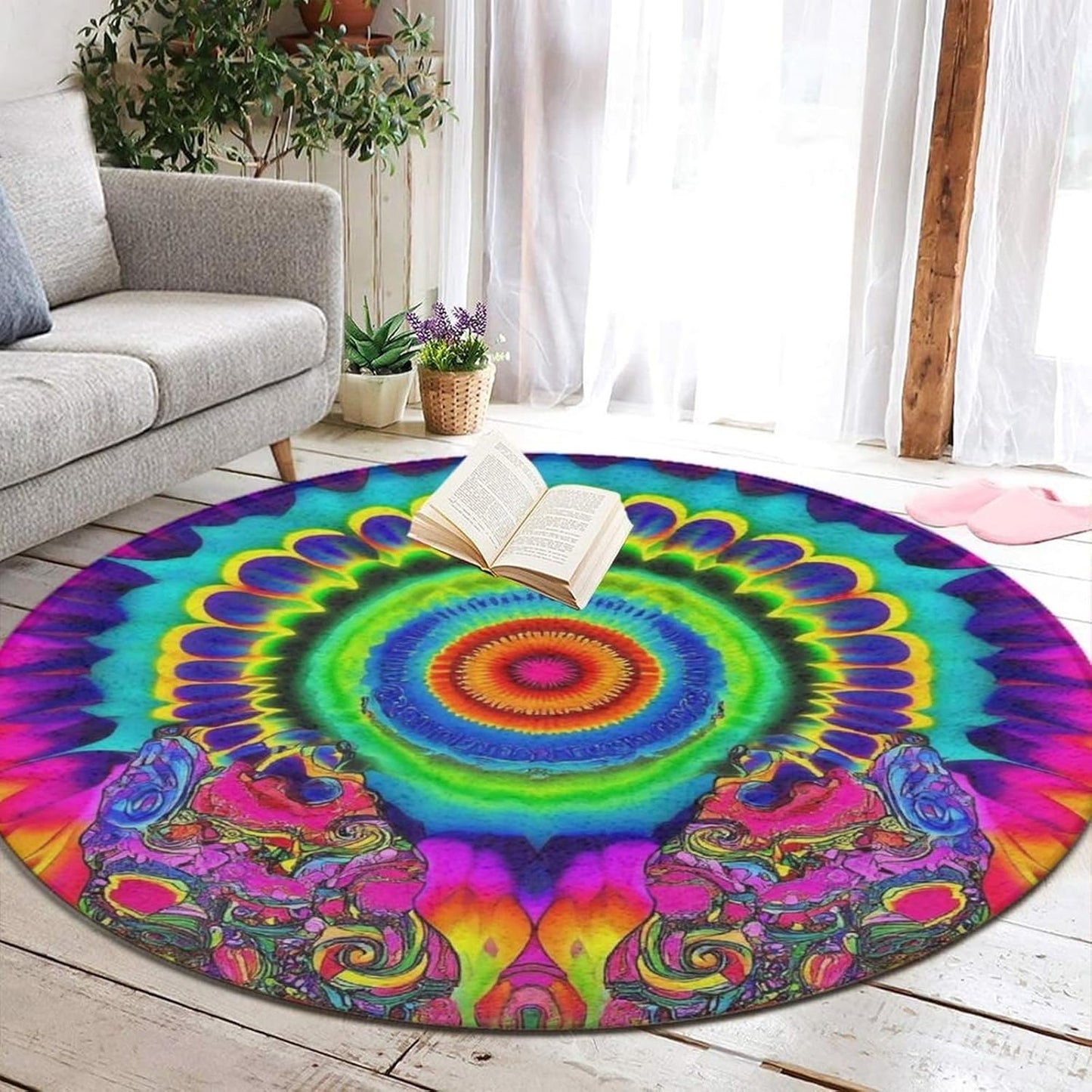 Machine Washable Modern Round Area Rug, Room Sofa Yoga Soft Round Carpet, Home Decor Non Slip Kitchen Office Circle Rug Trippy Rainbow Mushroom Tie Dye Art, 60inch