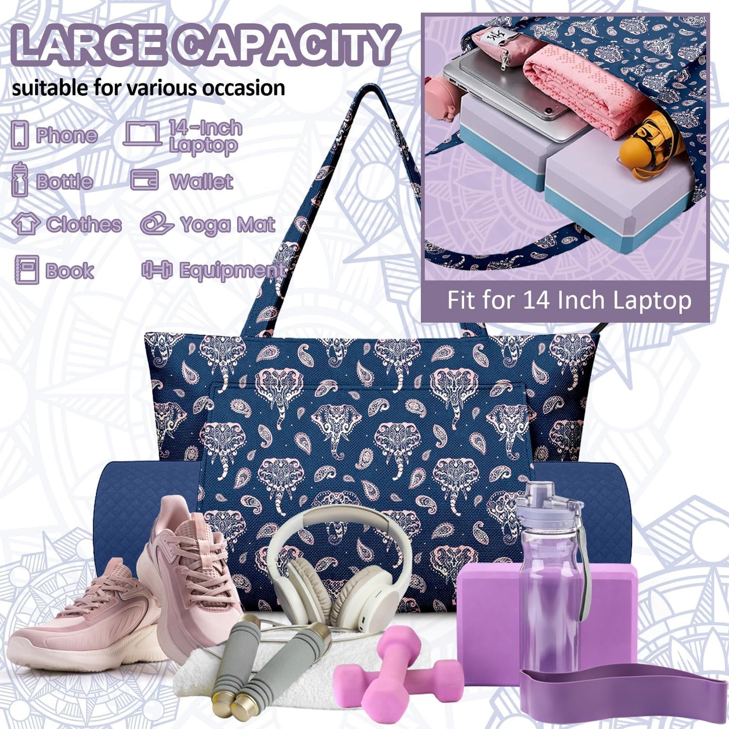 Yoga Bag for Women, Large Canvas Yoga Mat Tote Bag with Yoga Mat Carrier - Large Mat Pocket Fitness Tote for Pilates, Gym, Travel, Office & Beach