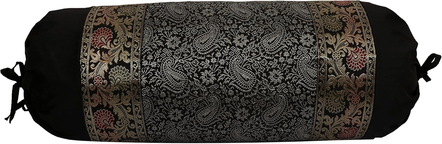 Ethnic Jacquard Brocade Silk Bolster Yoga Rectangular Pillowcase Cover Paisley Black Tubular Living Room Decorative Cylindrical Hotdog Indian Throw Pillowcase 76x38 cm - Set of 2 Pcs