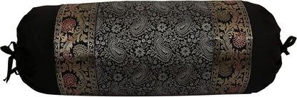 Ethnic Jacquard Brocade Silk Bolster Yoga Rectangular Pillowcase Cover Paisley Black Tubular Living Room Decorative Cylindrical Hotdog Indian Throw Pillowcase 76x38 cm - Set of 2 Pcs