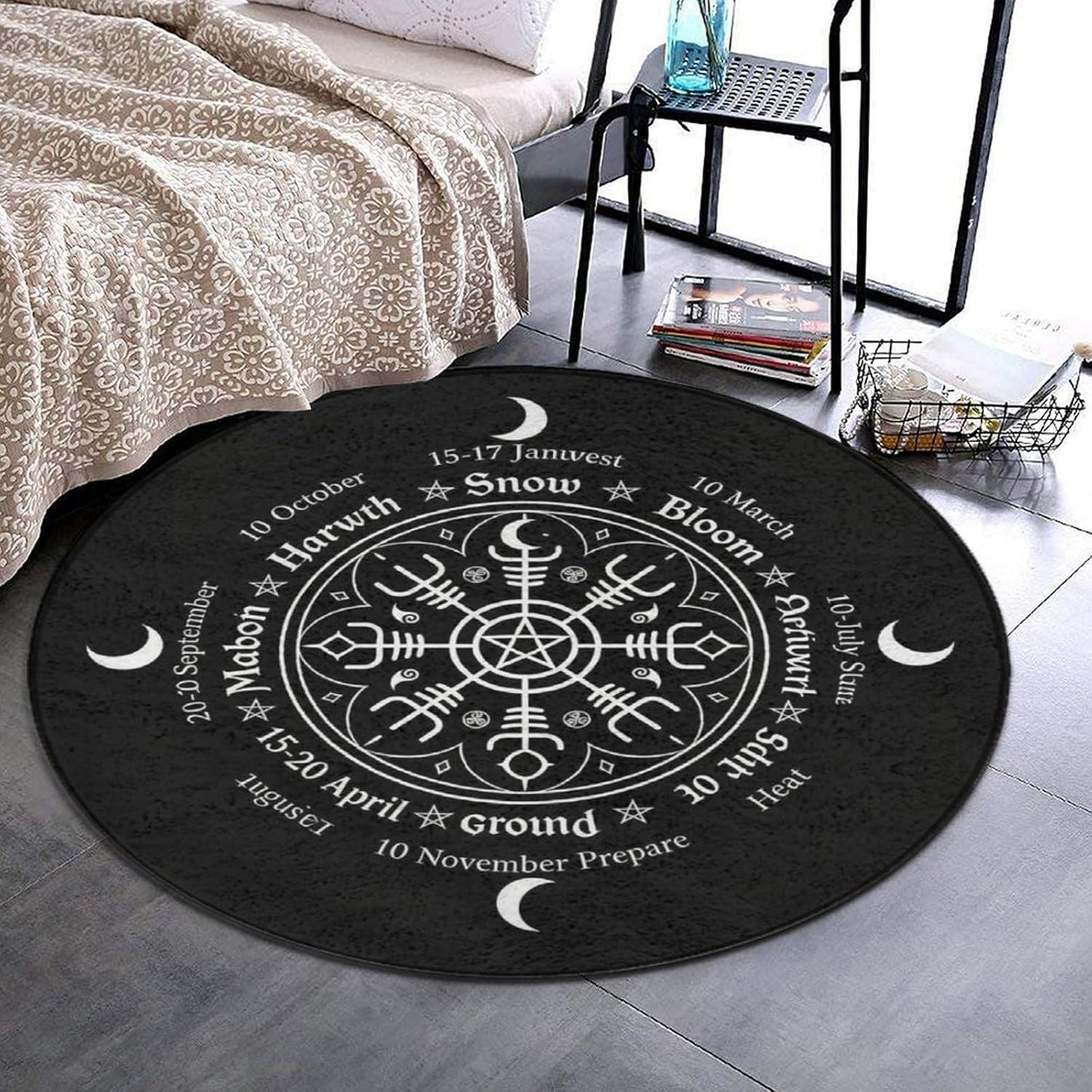 Soft Round Yoga Carpet, Large Home Decor Mat, Non-Slip Machine Washable Kitchen Office Circle Rug Compatible with Cool Norse Viking Vegvisir Runic Compass