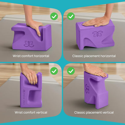 PRO Yoga Blocks | Ergonomic Yoga Block 2 Pack for Wrist Comfort and Support | EVA Foam Exercise Blocks, 2x Knee Pads & Yoga Strap | Pilates Block Set | Bricks to Eliminate Wrist Pain