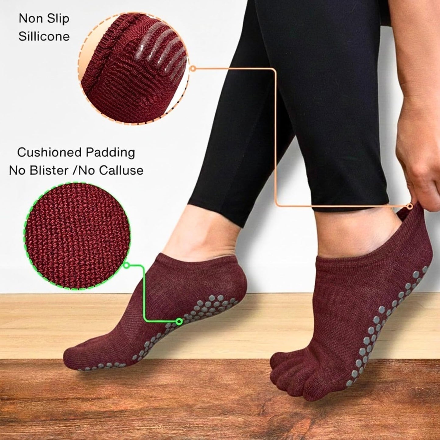 Soxsense Pilates Grip Toe Socks for Women & Men, Cushioned Low-Cut Five Finger Socks Non Slip for Yoga, Barre, Gym