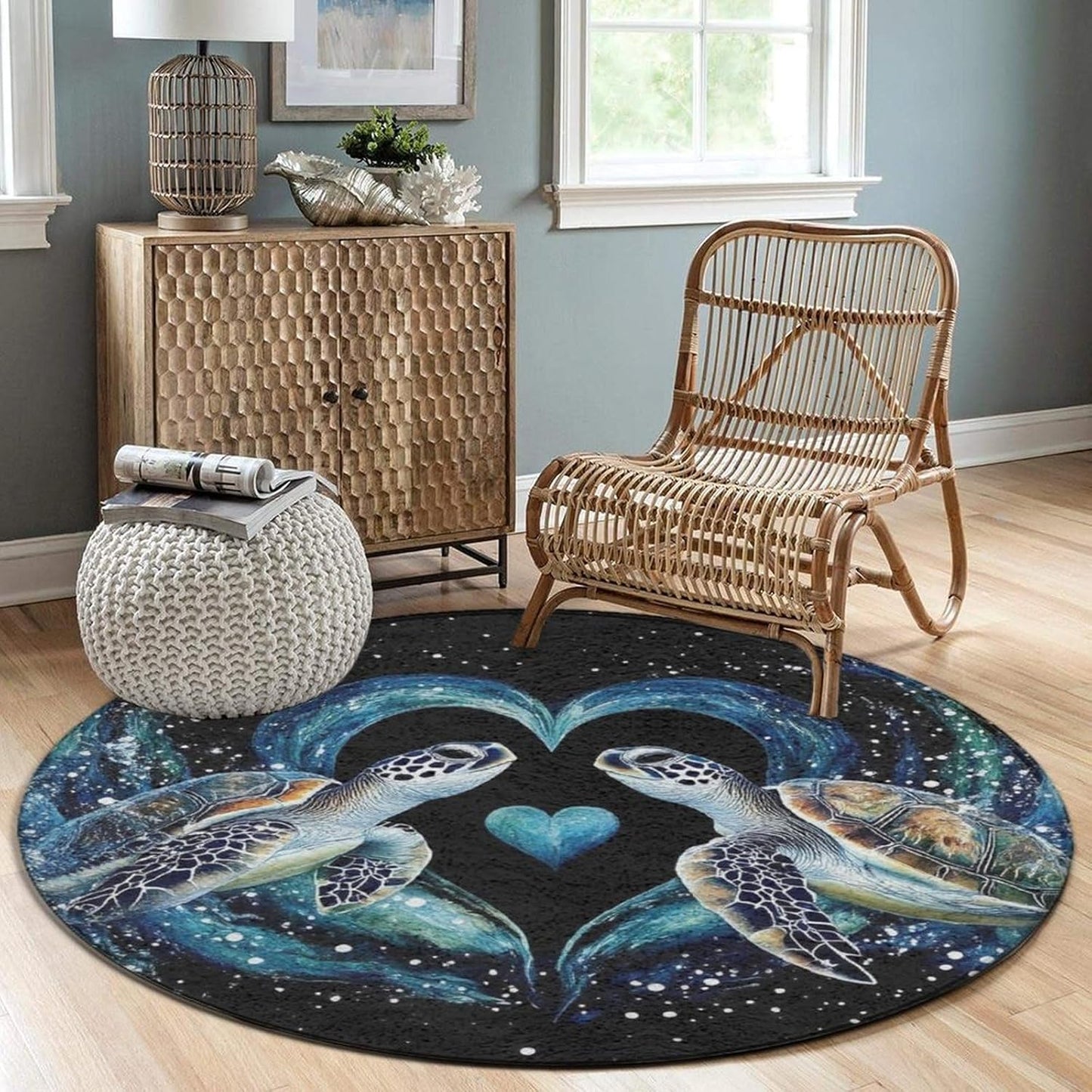 Room Sofa Yoga Soft Round Carpet, Home Decor Non Slip Kitchen Office Circle Rug, Machine Washable Modern Round Area Rug Beach Turtles, 60inch