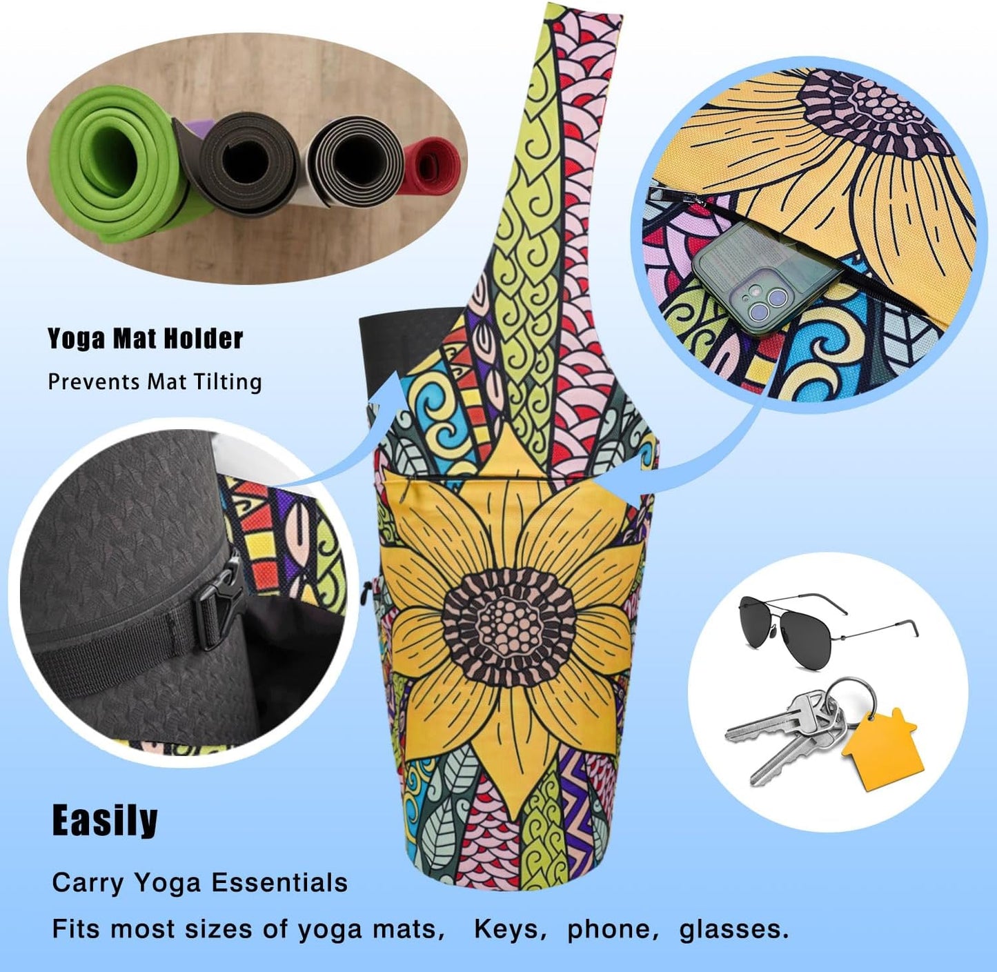 Yoga Mat Bag - Large Opening Long Tote Yoga Mat Carrier Holder Bag with Waterproof Wet Zipper Pocket and Drawstring Water Bottle Pocket - Yoga Bag Fit Most Size Mats