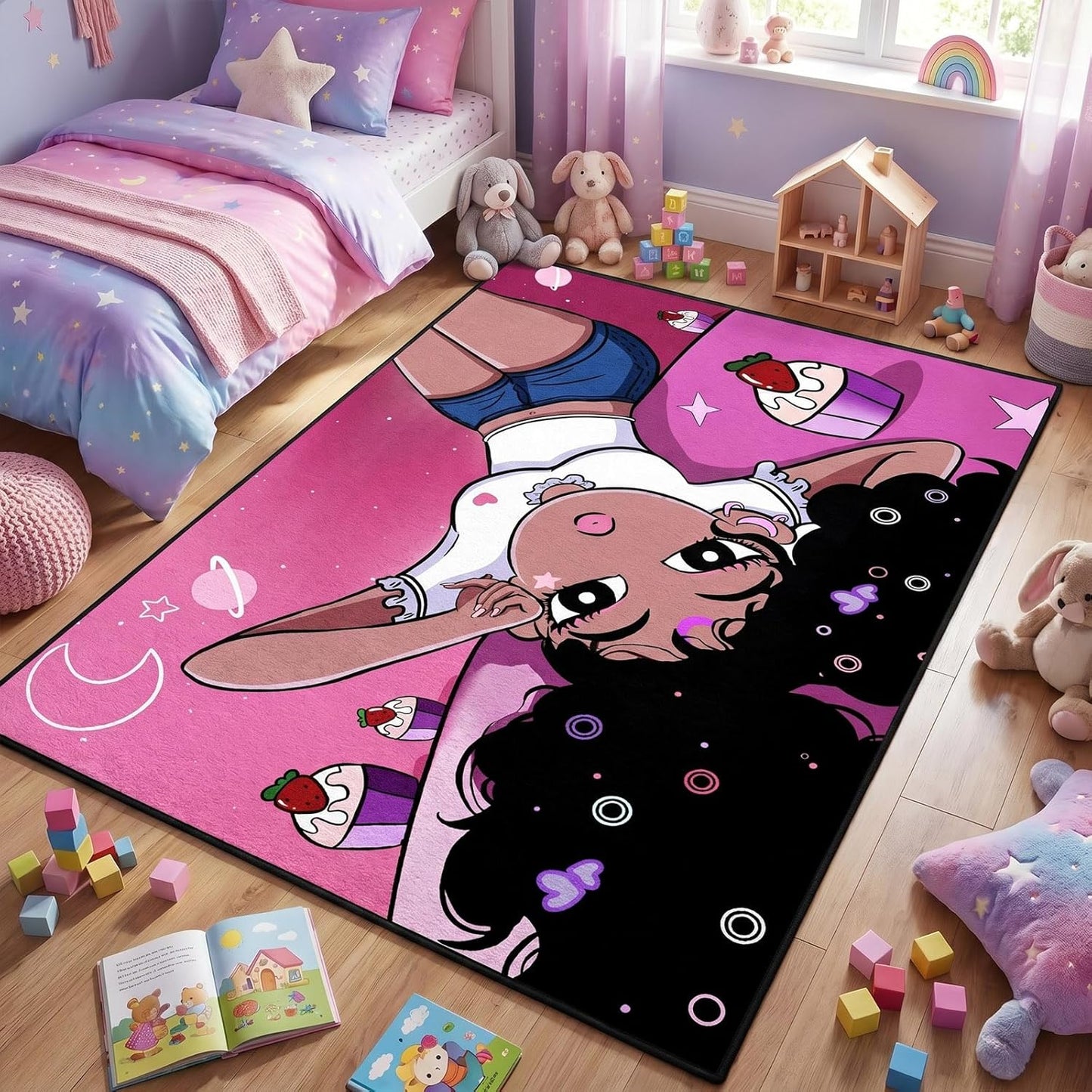 Black Girl Area Rug for Bedroom African Black Girls Floor Rugs for Living Room Playroom Cartoon Art Home Decor Soft Yoga Mats for Women Afro Purple 47" x 31" (2.7 x 3 Feet)