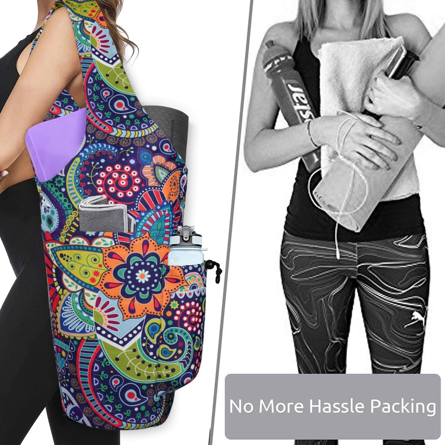 Yoga Mat Bag - Large Opening Long Tote Yoga Mat Carrier Holder Bag with Waterproof Wet Zipper Pocket and Drawstring Water Bottle Pocket - Yoga Bag Fit Most Size Mats
