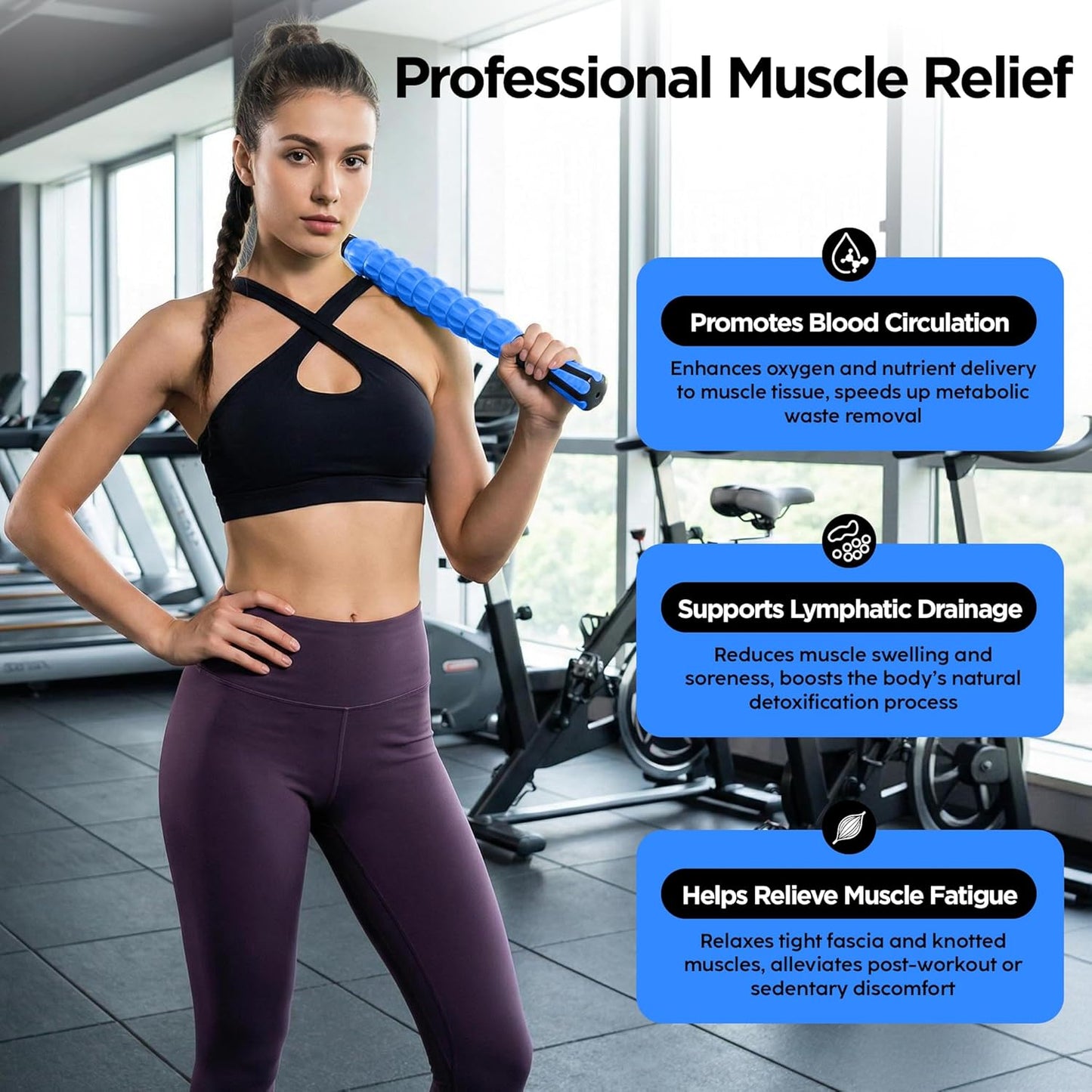 Muscle Roller Massage Roller Stick- Deep Tissue Fascia Blaster for Myofascial Pain Relief, Lymphatic Drainage & Body Sculpting, Handheld Physical Therapy & Recovery Tool (Gray black-18 inch)