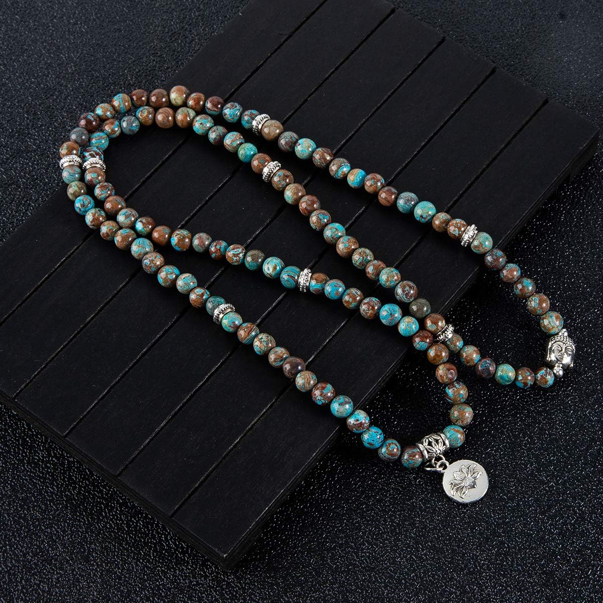 Bivei 108 Mala Beads Necklace Long Beaded Wrap Bracelets Genuine Gemstone Mala Prayer Beads Lotus Buddha Charm Yoga Meditation Necklace