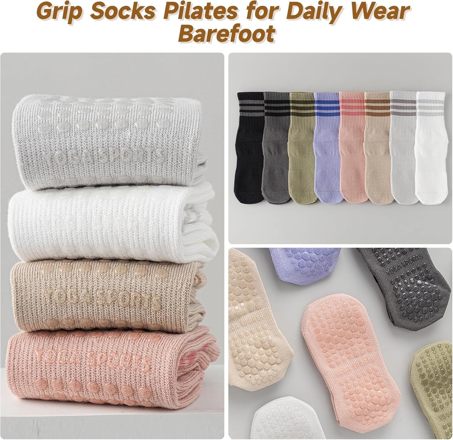 Grip Socks Pilates,4/6Pairs Cotton Cute Pilates Socks for Women, Ruffle Grippy Sock for Yoga Barre Hospital 5-10in