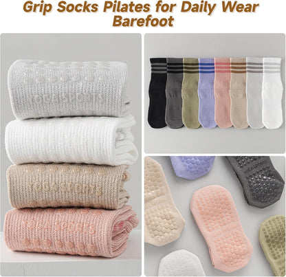 Grip Socks Pilates,4/6Pairs Cotton Cute Pilates Socks for Women, Ruffle Grippy Sock for Yoga Barre Hospital 5-10in