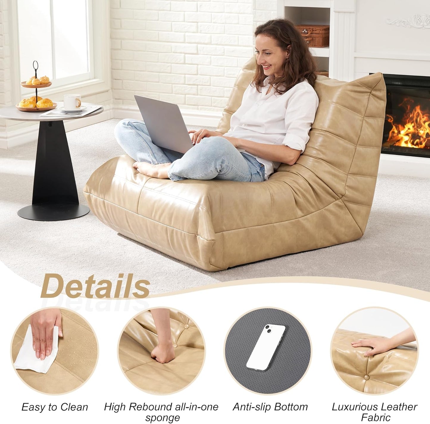 Hobestluk Giant Bean Bag Chair Lazy Floor Sofa, Memory Foam Fireside Sofa for Adults, Big Beanbag Faux Leather Armless Chair for Living Room Bedroom Dorm Office (Brown, Single)