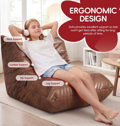 Hobestluk Giant Bean Bag Chair Lazy Floor Sofa, Memory Foam Fireside Sofa for Adults, Big Beanbag Faux Leather Armless Chair for Living Room Bedroom Dorm Office (Brown, Single)