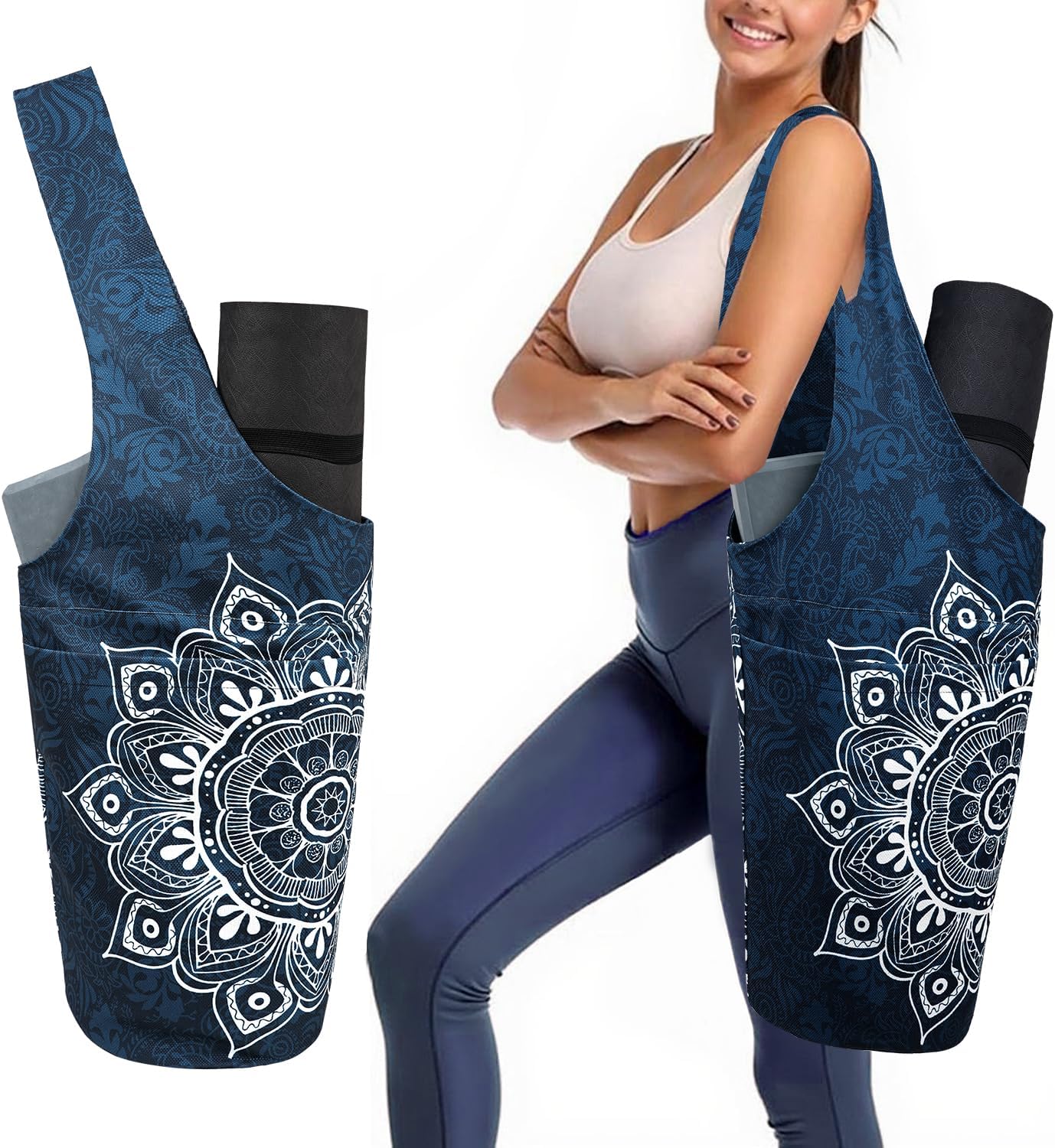 Yoga Mat Bag Carrier for Women with Side Large Pocket Durable Linen Workout Gym Travel Storage Pilates Mats
