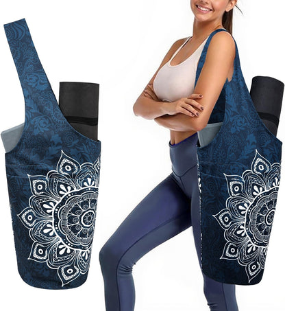Yoga Mat Bag Carrier for Women with Side Large Pocket Durable Linen Workout Gym Travel Storage Pilates Mats