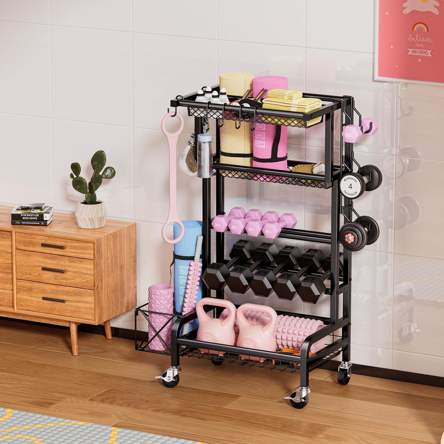 Dumbbell Rack, Weight Rack for Home Gym Storage Rack with Lockable Wheels & Hooks, Workout Equipment Storage for Yoga Mat Foam Roller Kettlebells Resistance Bands