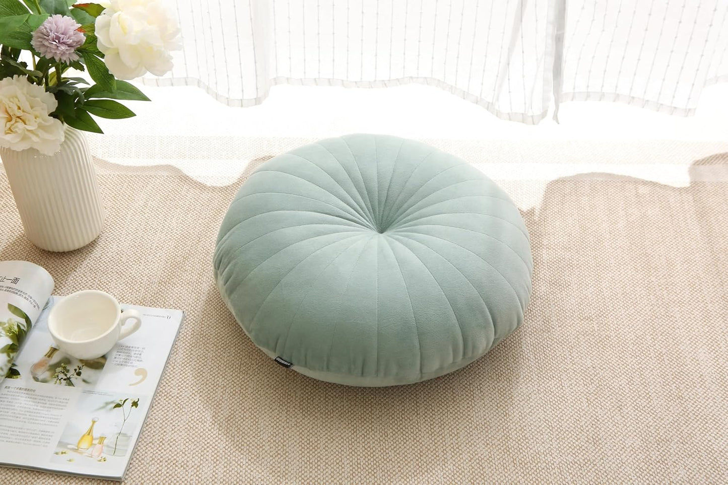 Floor Pillow Meditation Cushion Round Large Floor Pillows Seating for Adults, Velvet Thick Floor Cushions for Yoga Living Room Balcony Outdoor Tatami 18inches（Beige）