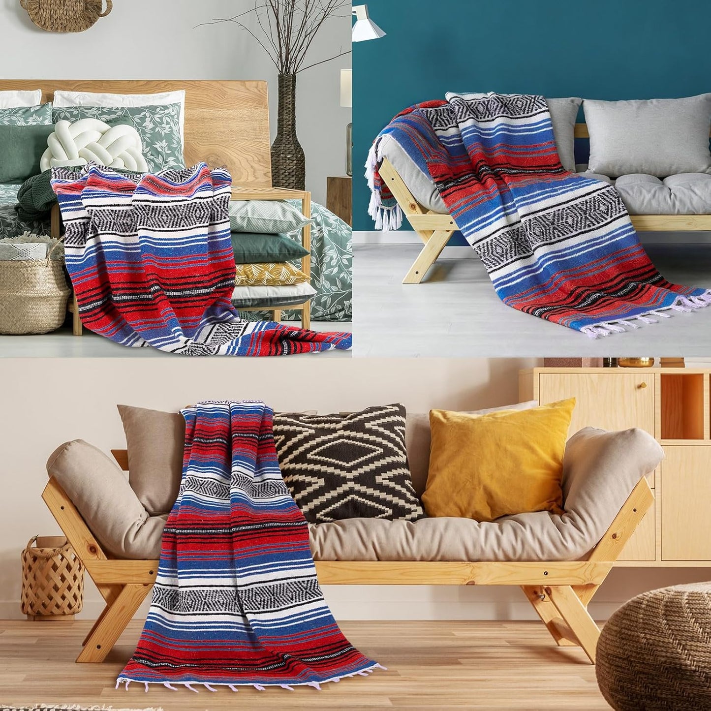 Oudain Mexican Blanket Woven Authentic Cotton Falsa Throw 45 x 70 Inch – Authentic Baja Serape Saddle Blanket Outdoor for Restorative Yoga, Beach, Picnic, Couch, Car Travel(Coastal Calm)