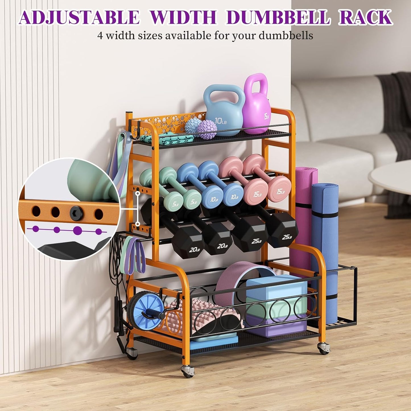 400LBS Dumbbell Rack, VOPEAK Adjustable Weight Rack for Home Gym, Home Gym Storage Rack for Yoga Mat Kettlebells and Strength Training Equipment, Weight Storage Rack for Dumbbells with Wheels