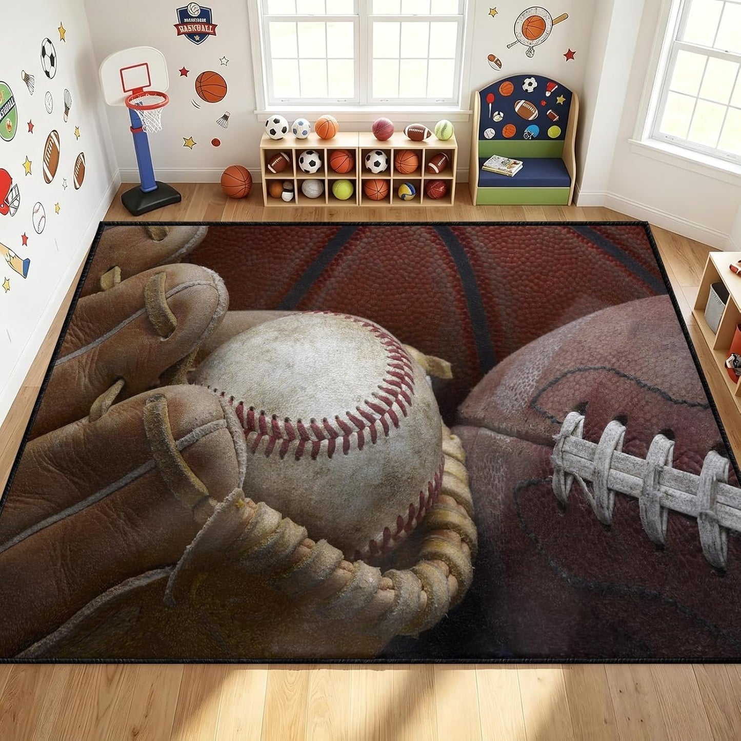 Sports Field Area Rug,5x7ft, Soccer Field Chalked Blackboard Football Stadium Board Painted Non-Slip Soft Carpet Floor Mat Indoor Living Room Bedroom Rugs Yoga Mat Home Decor