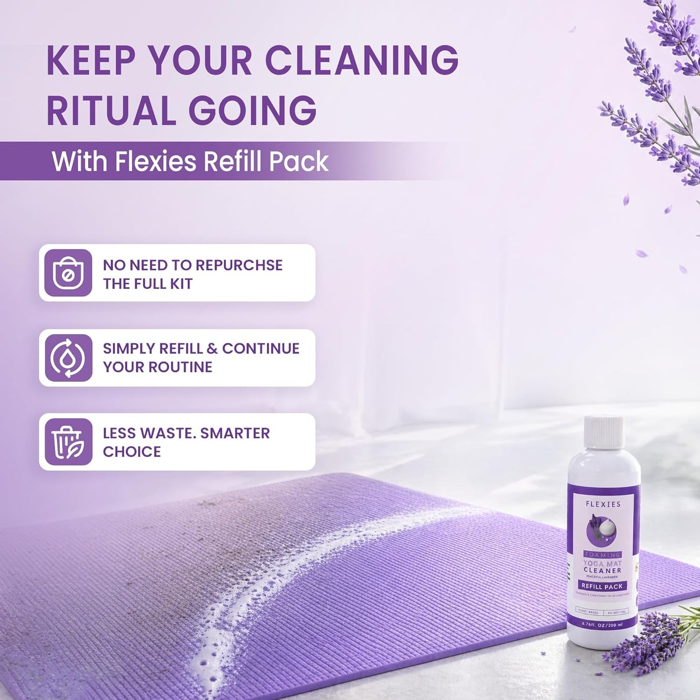 Flexies Foaming Yoga Mat Cleaner Spray Kit, Plant Based Non Toxic Mat Cleaner with Brush and Microfiber Cloth, Yoga Essentials for Women and Men, Pilates Mat Care, Lavender