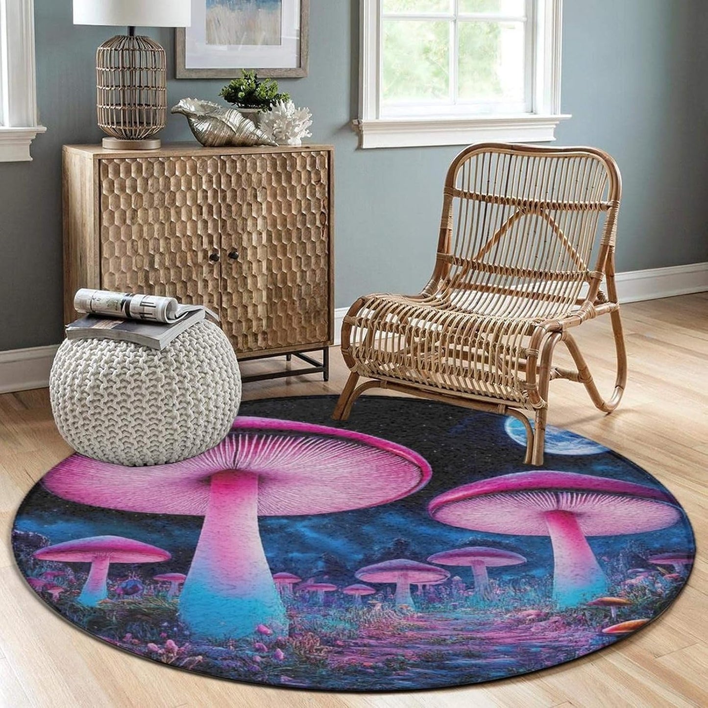 Machine Washable Modern Round Area Rug, Room Sofa Yoga Soft Round Carpet, Home Decor Non Slip Kitchen Office Circle Rug Trippy Rainbow Mushroom Tie Dye Art, 60inch