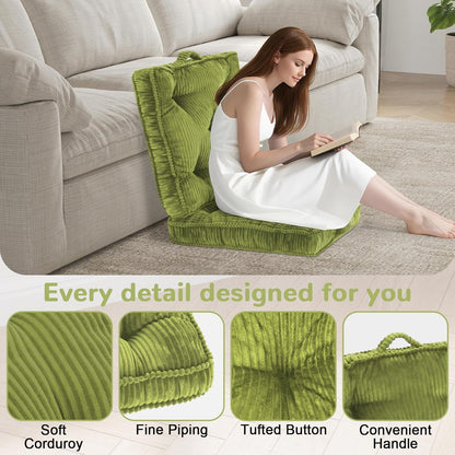 Meditation Floor Cushion, 22x22 Tufted Floor Pillow for Adults, Square Large Meditation Cushion Pillow, Green Corduroy Sitting with Handle, Yoga Seating for Tatami, 1Pack