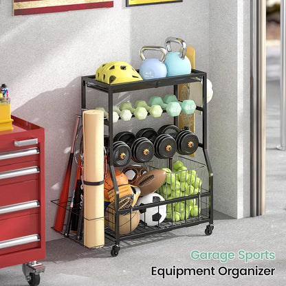 Home Gym Storage Rack, Dumbbell Rack with Yoga Mat Storage, Weight Rack Stand with Lockable Wheels and Hooks, Home Workout Equipment Organizer for Yoga, Dumbbell, Kettlebells, Ball Storage