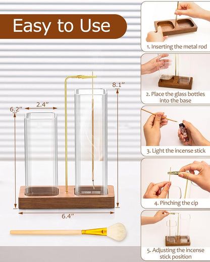 2 in 1 Incense Holder with 7.8" & 5.9" Glass Jars, Large Incense Holder for Sticks, Upside Down Incense Burner with Ash Catcher & Storage for Meditation Yoga Spa Home Decor - 20 Incense Sticks & Brush
